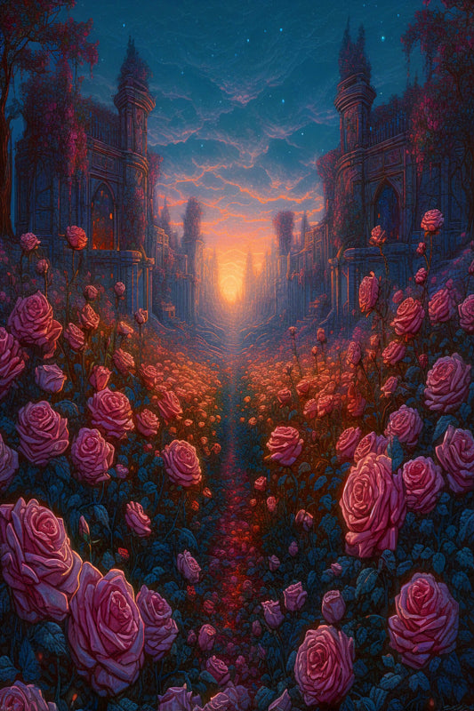poster of the valley covered in crimson color roses
