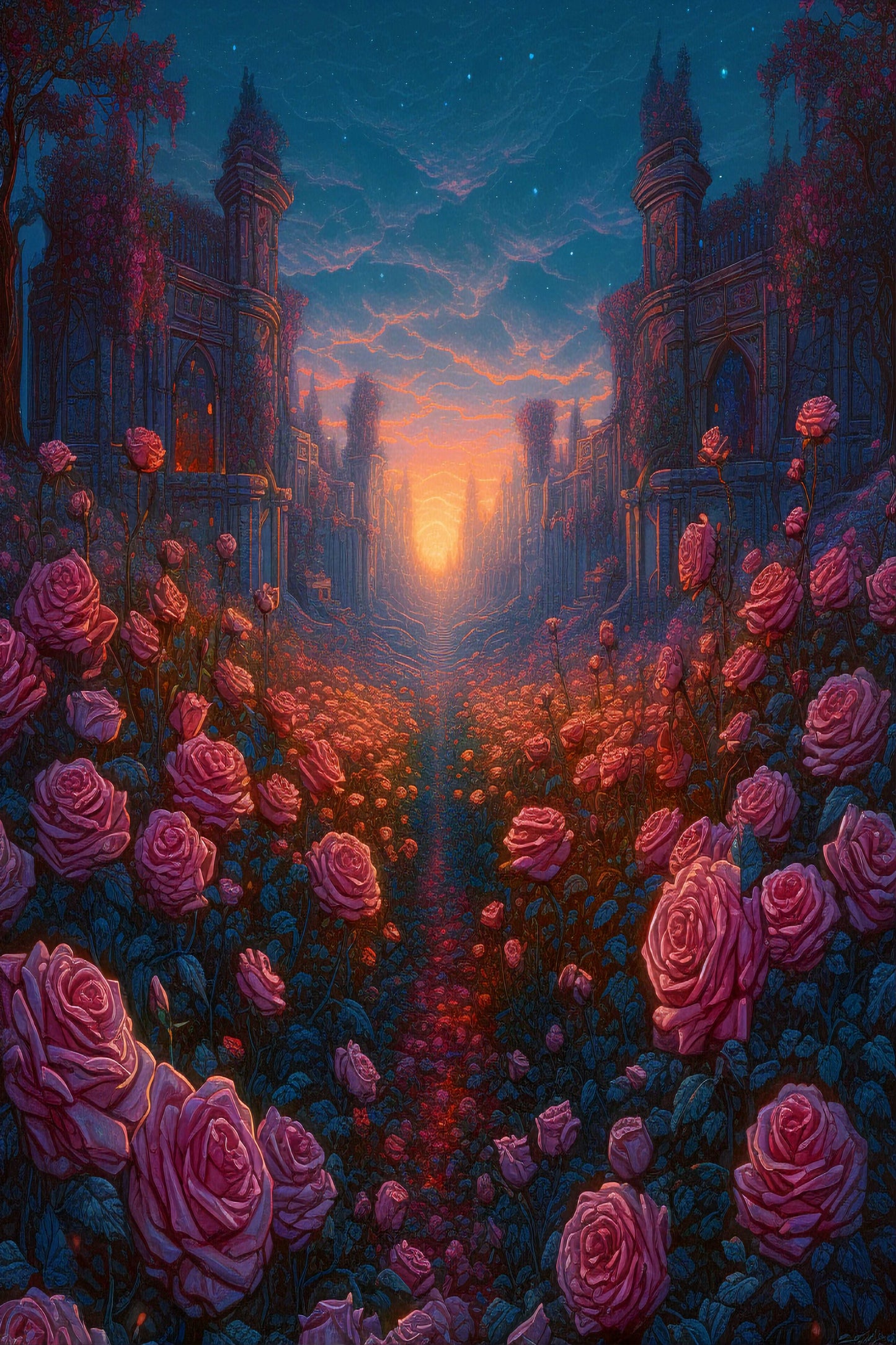 poster of the valley covered in crimson color roses