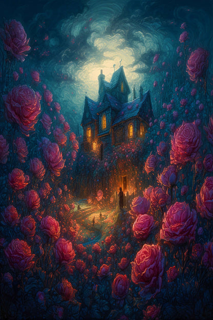 poster of the house covered in crimson color roses