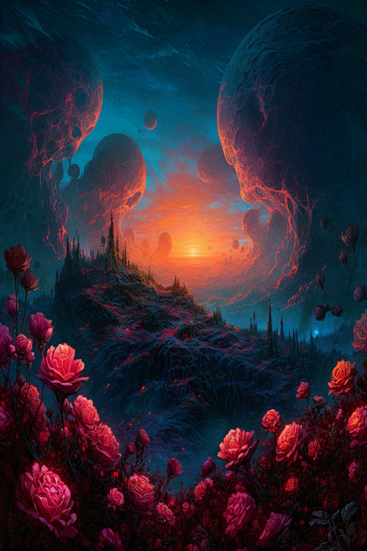 poster of the mountain covered in crimson color roses