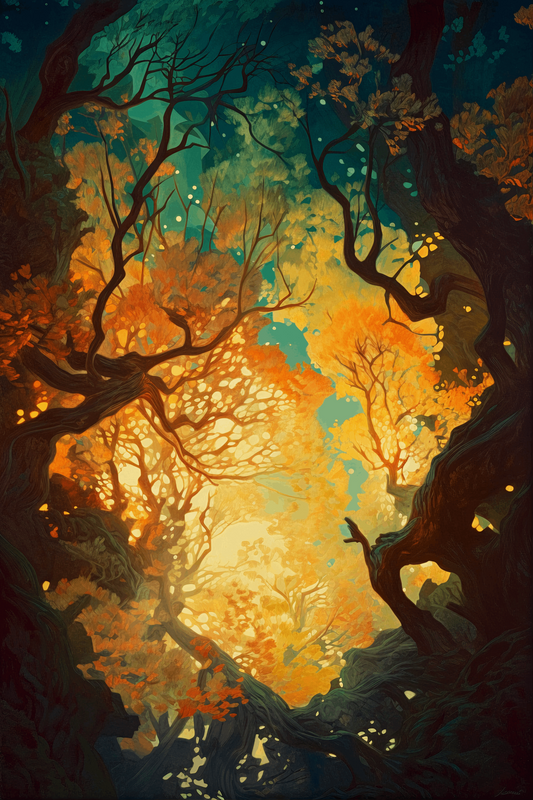  poster of a magical forest adorned with the enchanting glow from the galexy sky inspired by  Maxfield Parrish, Yoshitaka Amano, and Oleg Oprisco